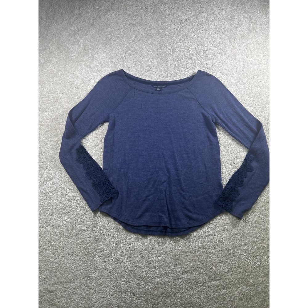 American Eagle Sweater Womens Small Blue Crochet Lace Long Sleeve Pullover Top - Picture 1 of 10